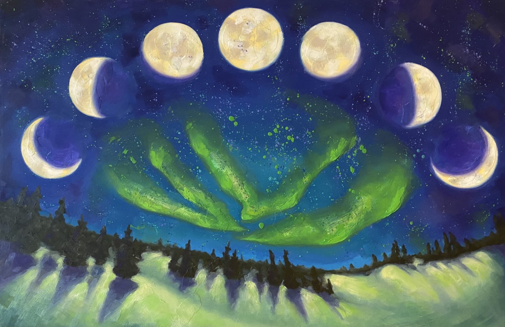 Moon Phase Painting with green northern lights by award-winning artist Rhianna Rose Hixon
